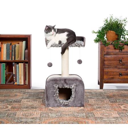 480375 16 In. Kitty Power Paws Shag Hideaway Cat Tree - Grey