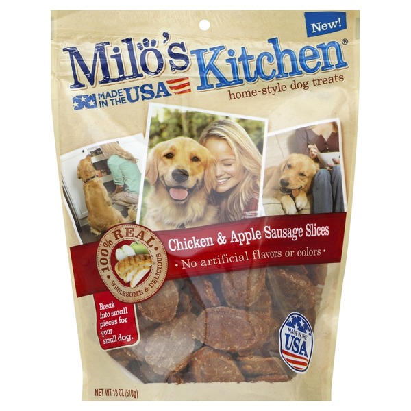 799965 18 Oz Milos Kitchen Chicken & Apple Sausage Slices Dog Treats - Case Of 4