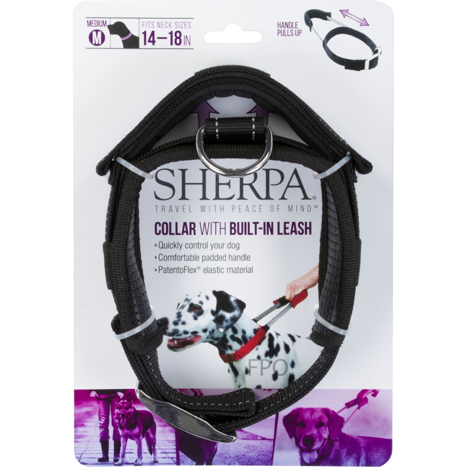 437429 Dog Collar With Built In Leash, Black - Medium