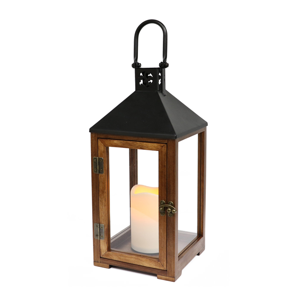 163-lnw7036l-b 14.5 In. Tall Wood & Metal Lantern With Led Candle