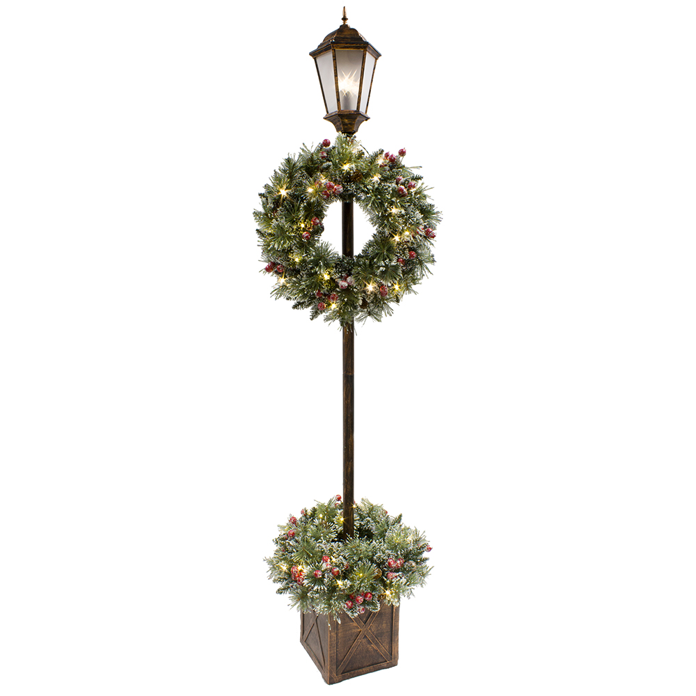 Lw18-st04 7 Ft. Lamp Post With Wreath & 50 Warm White Led Lights