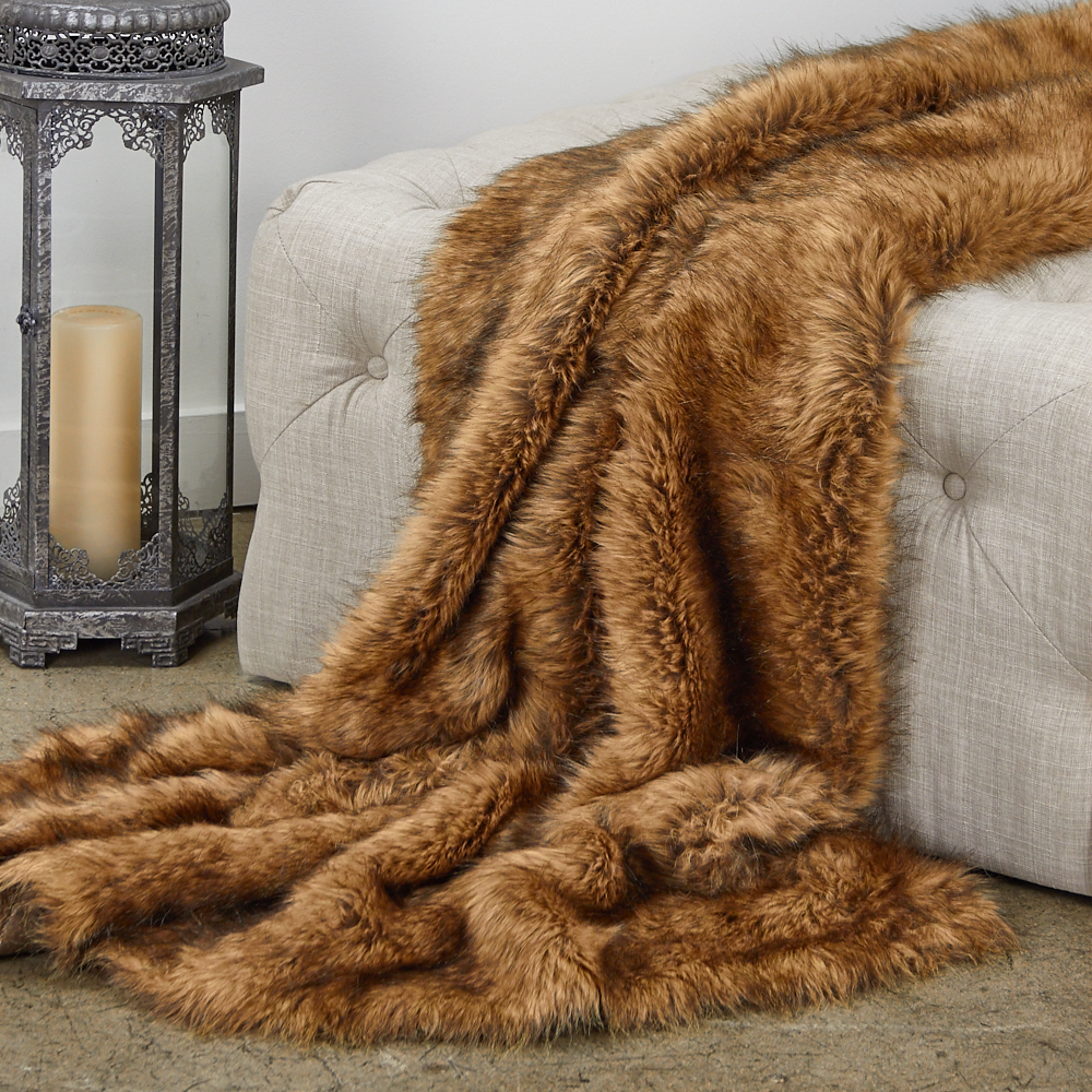 Tip Dyed Fox Faux Fur Luxury Throw Blanket, Brown - Queen