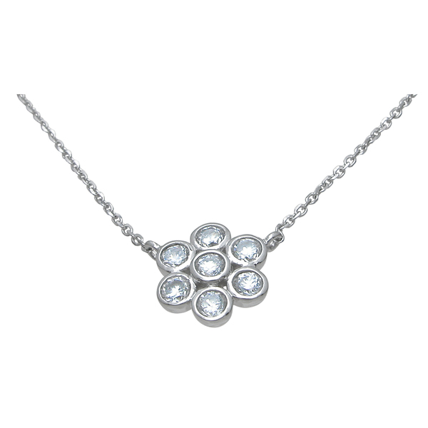 Kkn6957 High Polish Sterling Silver Round Cut Cubic Zirconia Flower Necklace