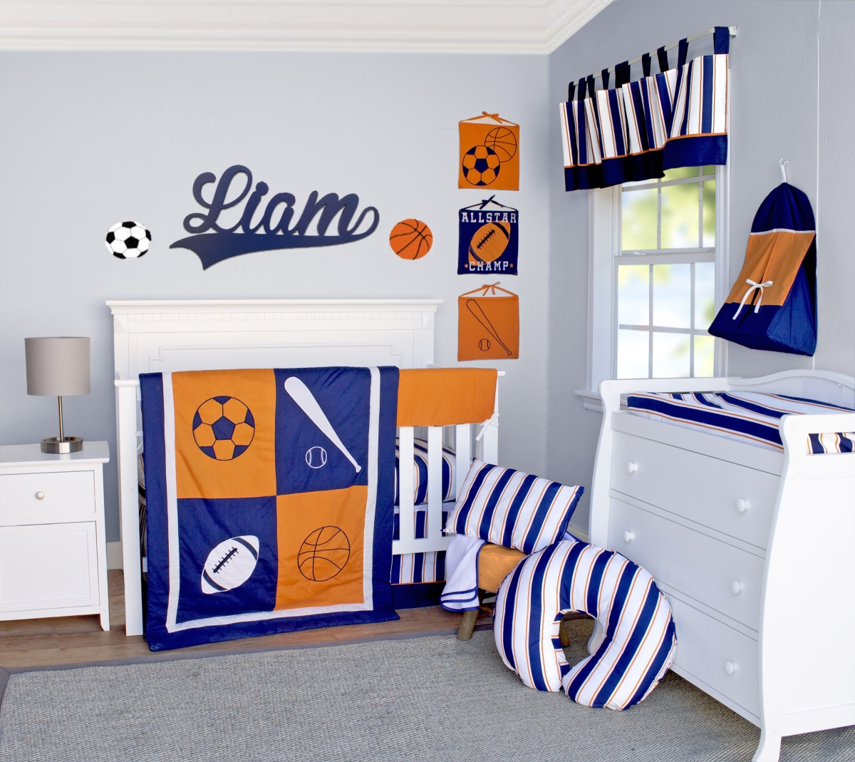 Bdnb-10-sports All Star Sports Crib Bedding Set Navy Blue Orange & White - 10 Piece