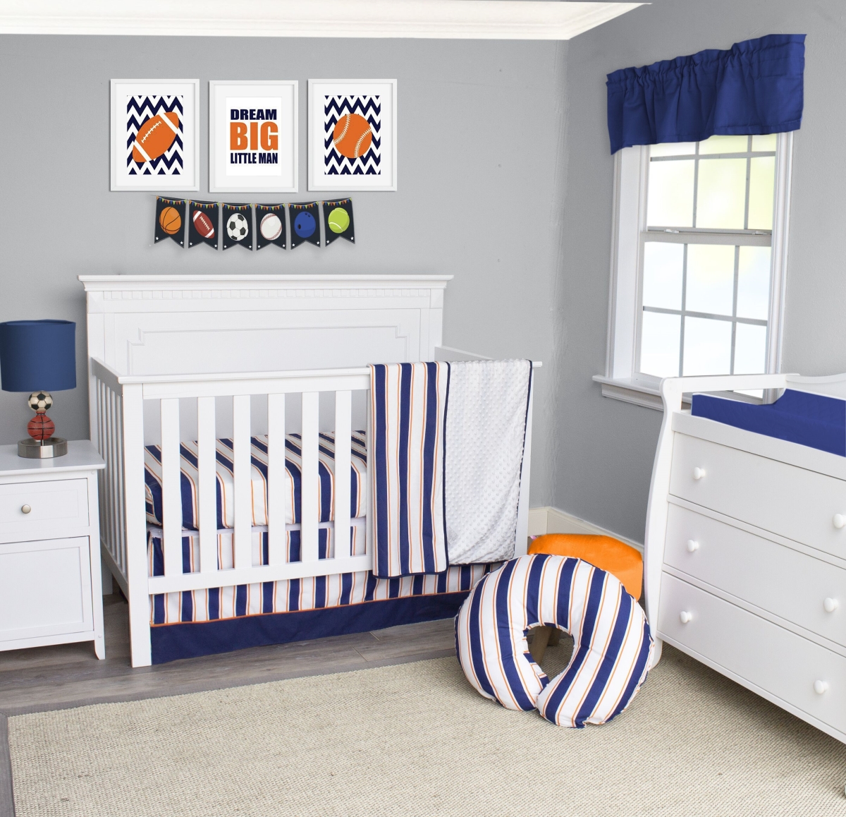 Bdnb-3-sports All Star Sports Crib Bedding Set Navy Blue Orange & White - 3 Piece