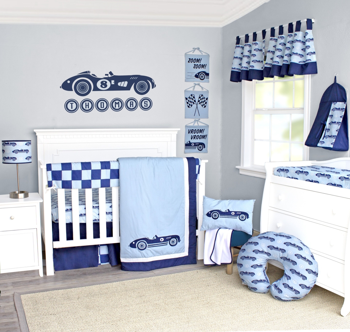 Bdnb-6-cars Classic Racecars Crib Bedding Set Navy Blue & Baby Blue - 6 Piece