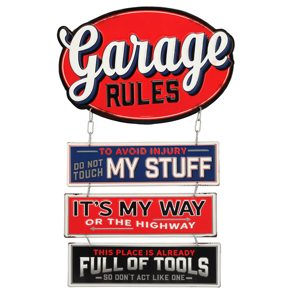 90166768-s Garage Rules Linked Embossed Tin Sign