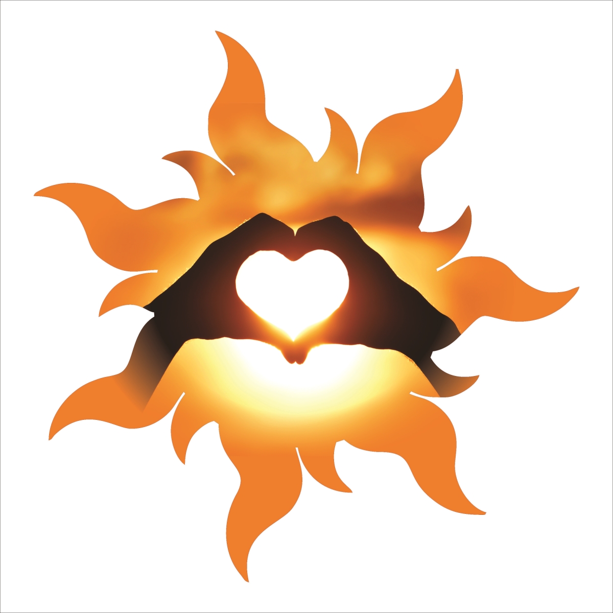 Sunsilhouette-18heart 18 In. Leisure Radiant Sun Silhouette Metal Laser Cut Wall Art With Vivid Image Of A Hand Heart In The Sun