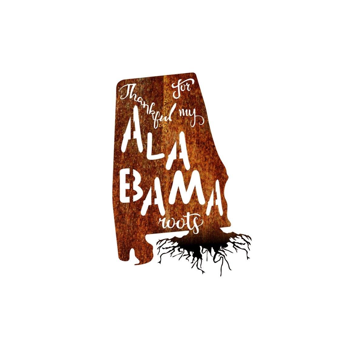Alabamaroots-18pat-blk 18 In. State Alabama Roots Steel Laser Cut Wall Art In Patina With Black Roots