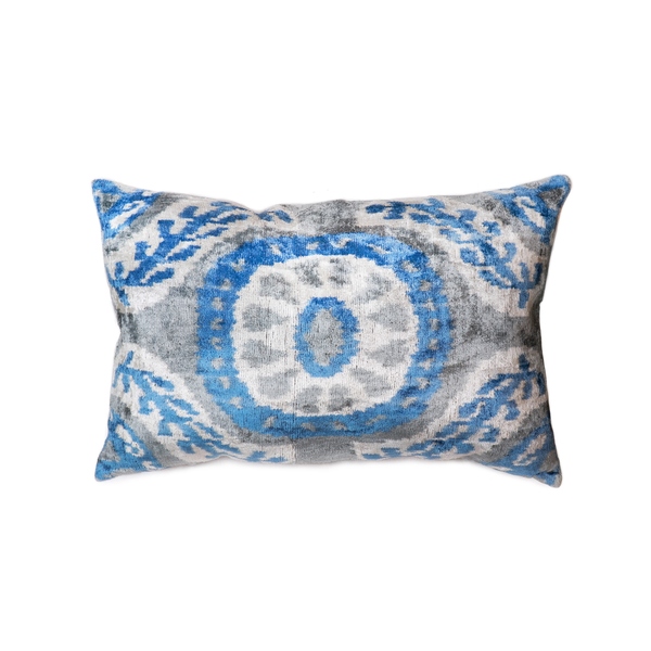 Silk Velvet Ikat Pillow, Blue - 15 X 24 In.
