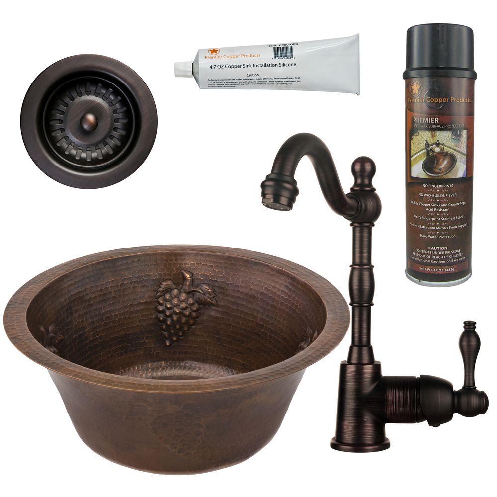 Bsp4-br16gdb3-d Oil Rubbed Bronze 16 In. Round Copper Bar Prep Sink With Grapes, Single Handle Bar Faucet, 3.5 In. Strainer Drain