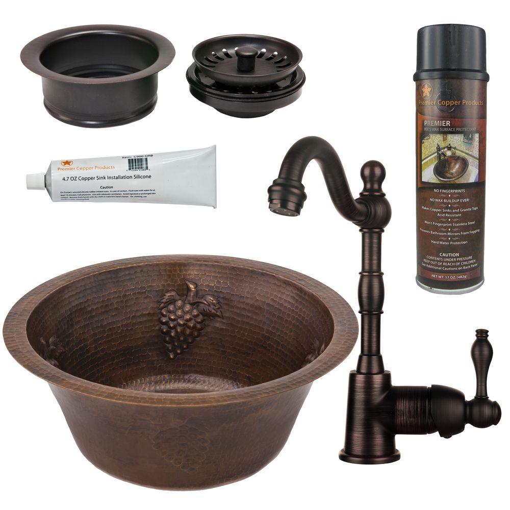 Bsp4-br16gdb3-g Oil Rubbed Bronze 16 In. Round Copper Bar Prep Sink With Grapes, Single Handle Bar Faucet, 3.5 In. Garbage Disposal Drainf