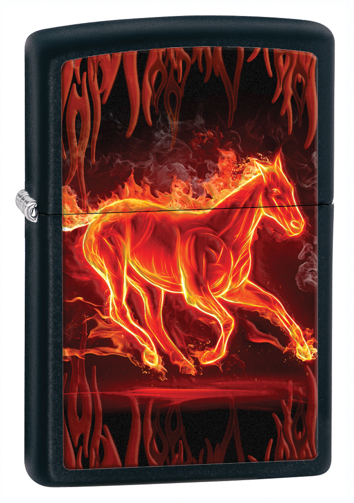 Zip-218ci005139 2019 28304 Fiery Fire Flaming Horse Lighter - Black Matte