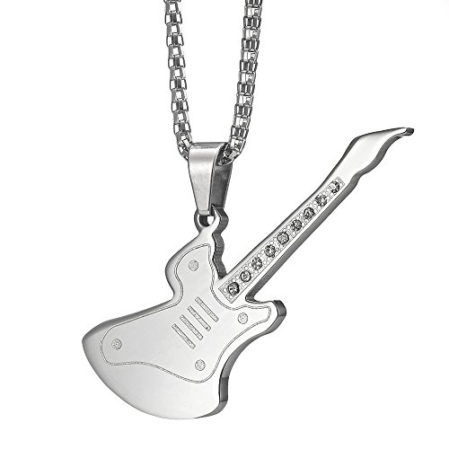 -x864-7 Fun Stainless Steel Guitar Pendant On Chain Necklace For Men
