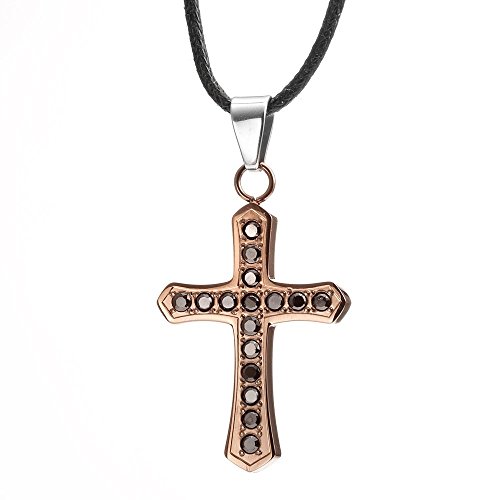-x1137-7 Golden Stainless Steel Cross With Cubic Zirconia Inlays Pendant On Cord