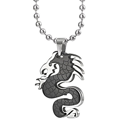-x826-7 Stainless Steel Mens Dragon Pendant With Black Accent Color On Ball Chain