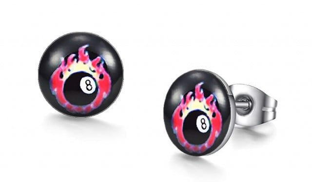 -m1363-23 Flaming Eight Ball Graphic Stud Iconic Earrings For Men