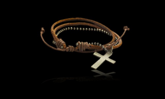 Pp610-8 Mens Cool Leather & Alloy Ball Chain Bracelet With Jesus Cross