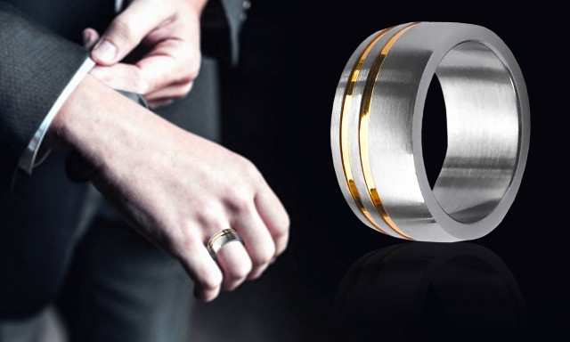 -m1688-18-8 Mens Stylish Stainless Steel Engagement & Birthday Ring, Gold & Silver Brushed