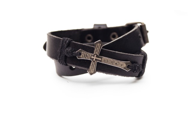 Pp502-8 Genuine Leather Cross Double Wrap Lords Prayer In Spanish, Black