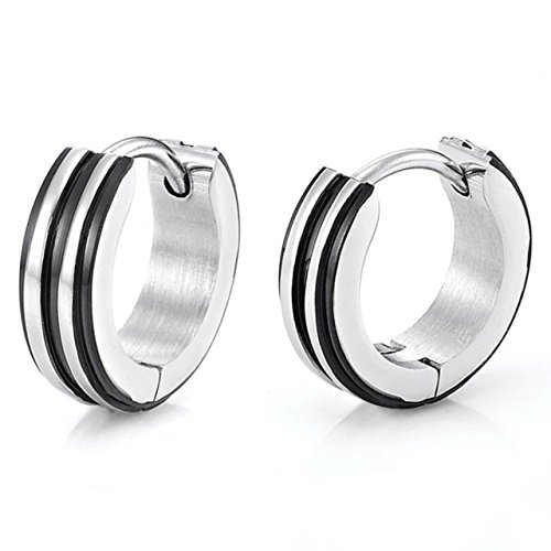-m682-23 Stainless Steel Black Accent Huggie Earrings