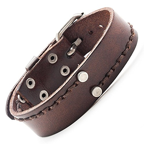 -c1428-9 Mens Brown Leather Stitched Adjustable Strap Fashion Bracelet