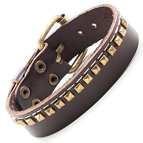 -c1433-9 Mens Brown Leather Adjustable Strap Studded Fashion Bracelet