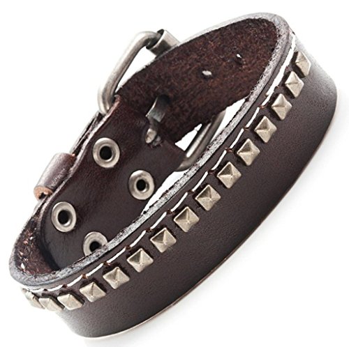 -c1436-9 Mens Brown Leather Adjustable Strap Studded Fashion Bracelet
