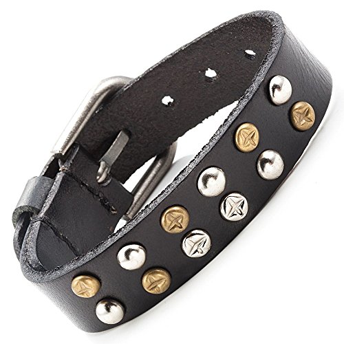 -c1441-9 Mens Brown Leather Adjustable Strap Studded Fashion Bracelet