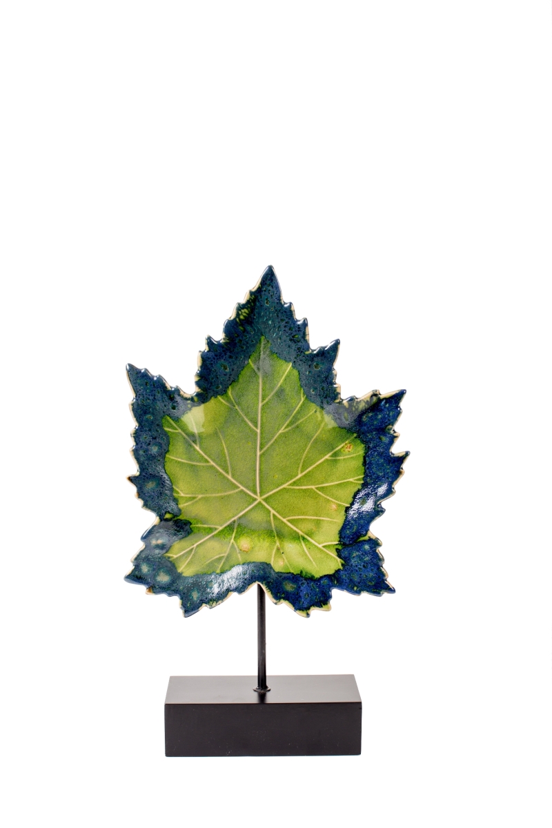 21 In. Ceramic Leaf On Wood Stand