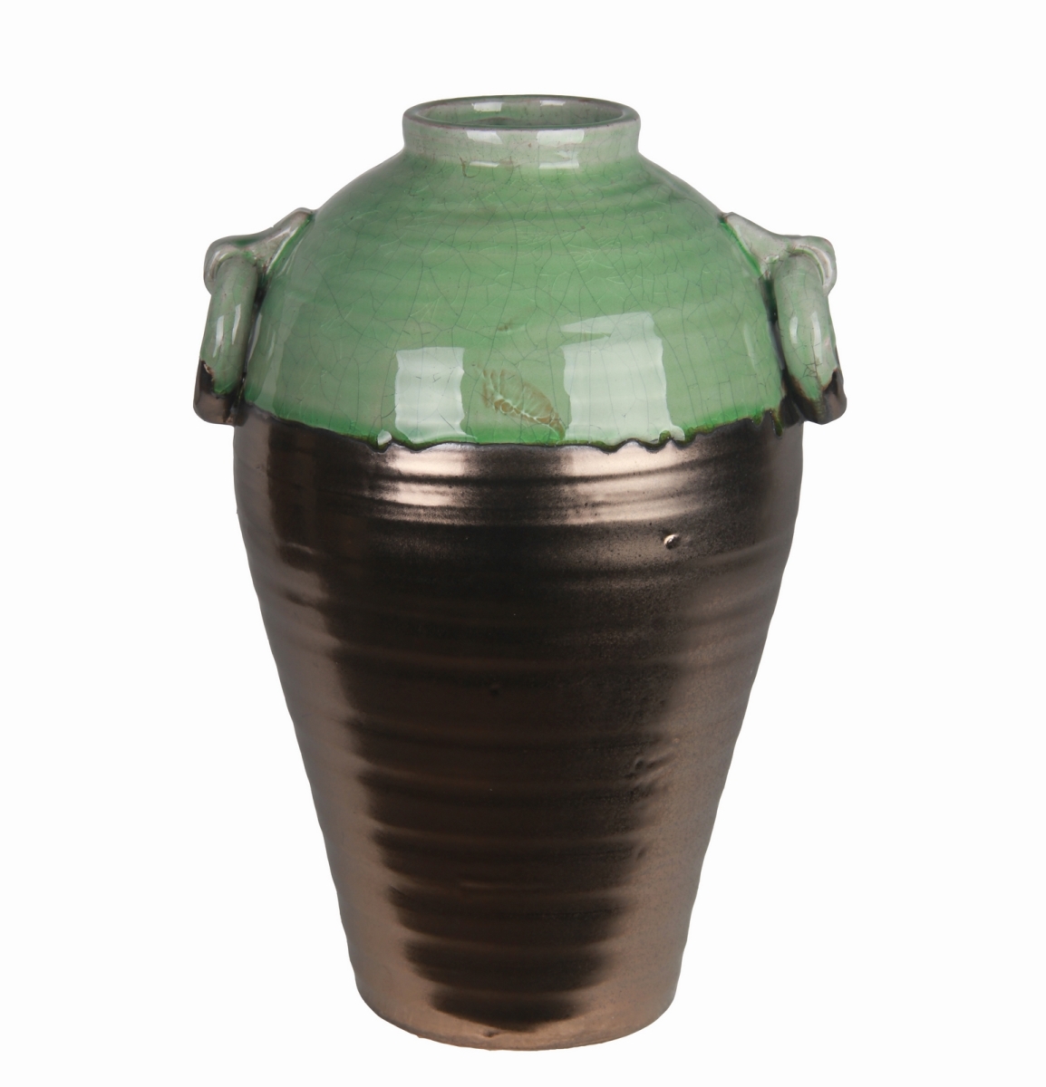 66691 Small Ceramic Jar With Handles, Green & Cobalt Procelin - 10 X 9 X 14.5 In.