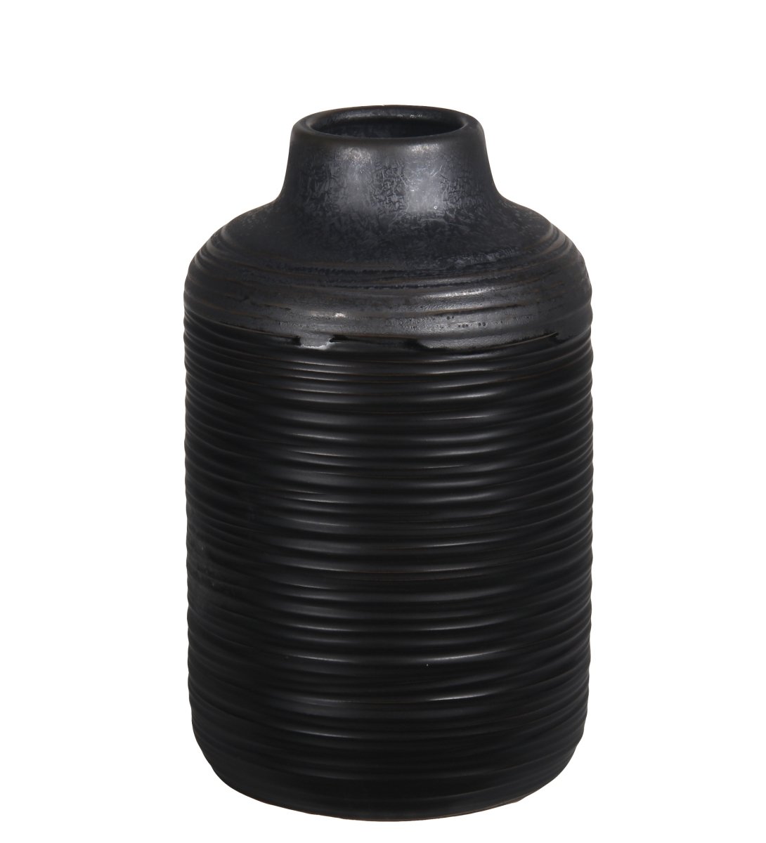 78205 6 X 6 X 10 In. Contemporary Ceramic Vase, Ribbed Black & Gray, Small