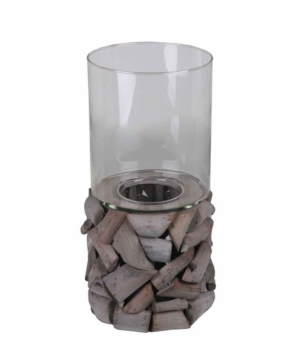 88071 8 X 8 X 16 In. Glass & Wooden Candle Holder, Brown - Large
