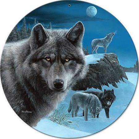 28 In. Wolf Night Watch Round Metal Sign