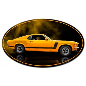 Rrs004 14 In. 1970 Yellow Mustang Boss 302 Fastback Shape Oval Metal Sign