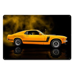 Rrs005 14 In. 1970 Yellow Mustang Boss 302 Fastback Satin Metal Sign