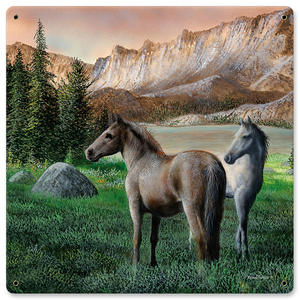 12 X 12 In. Horses Near Stream Sunset Satin Metal Sign