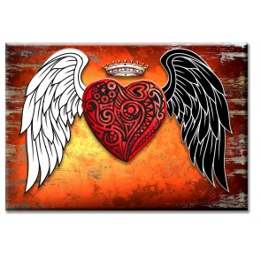 6 X 18 In. Good Evil Winged Metal Shape Signd Heart With Wood Backer Wood Print