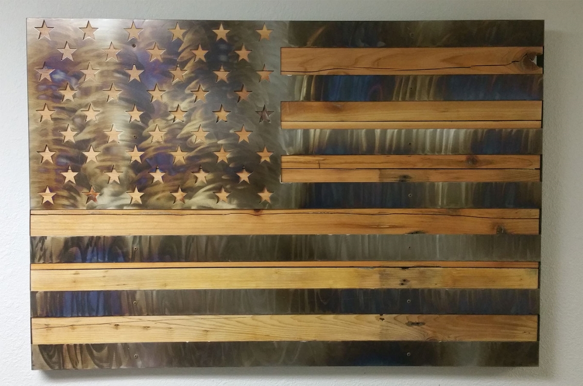 38 X 26 In. Usa Flag Custom Burn Metal On Wood Satin Metal Sign