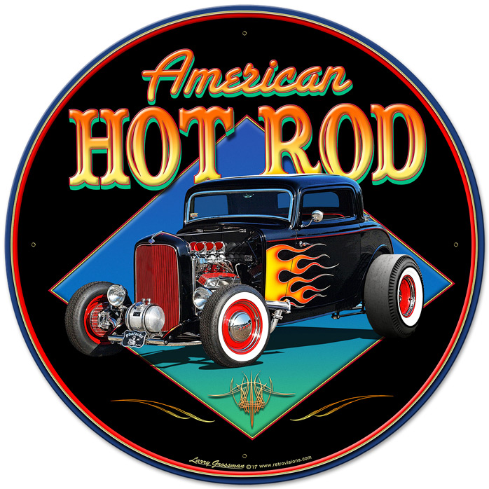 Lg902 American Hot Rod 32 Round Metal Sign - 28 X 28 In.