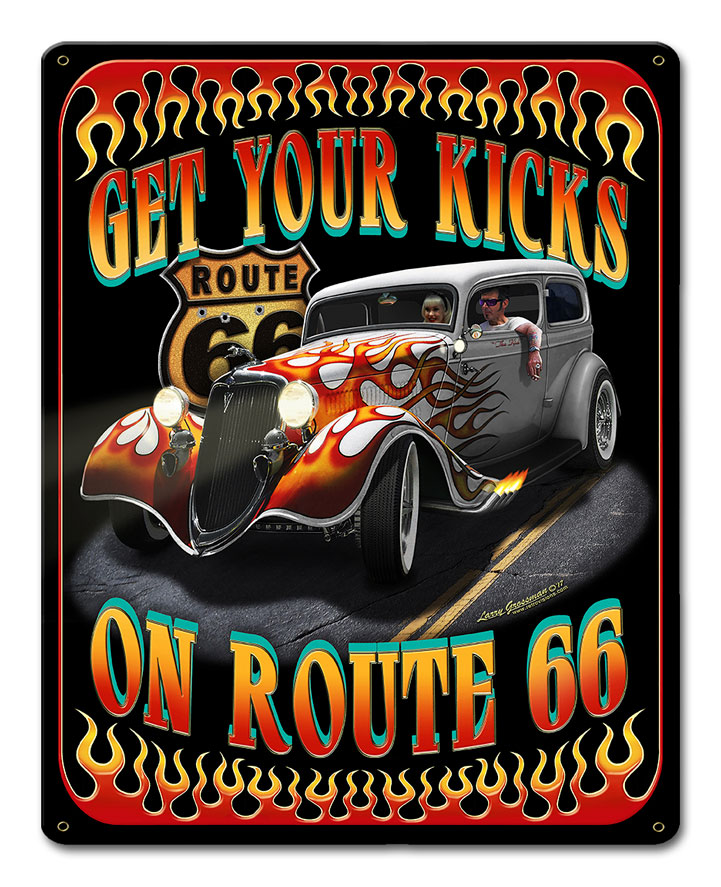 Lg923 Kicks On Route 66 Satin Metal Sign - 12 X 15 In.