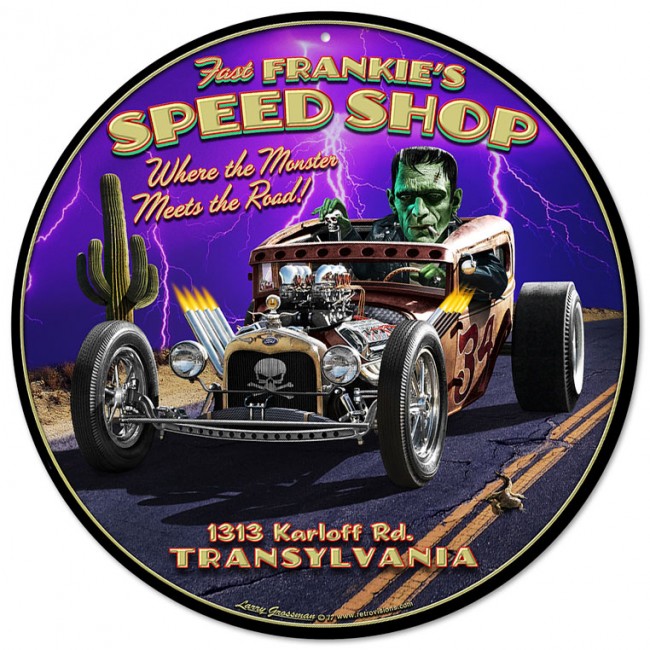 Lg955 Frankies Speed Shop Round Metal Sign - 14 X 14 In.