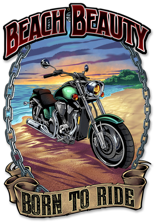 Fly025 Motorcycle On The Beach Plasma Metal Sign - 12 X 18 In.