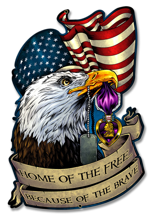 Fly032 Purple Heart Eagle Flag Plasma Metal Sign - 13 X 20 In.