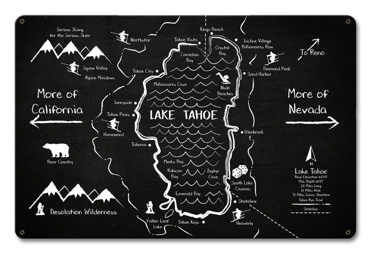 Lake Tahoe Chalk Drawing Satin Metal Sign - 18 X 12 In.