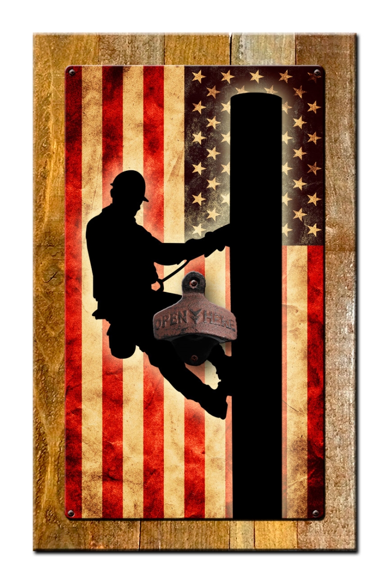 Lineman Us Flag Bottle Opener With Wood Backing Sign - 10 X 16 In.