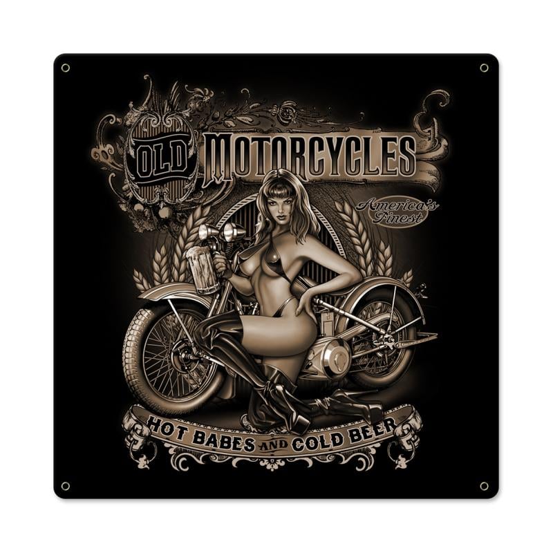 Sm311 Old Motorcycles Hot Babes Cold Beer Metal Shape Sign - 18 X 18 In.