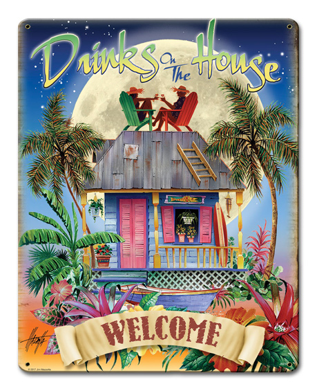 Jmz009 15 X 12 In. Drinks On The House Satin Metal Sign