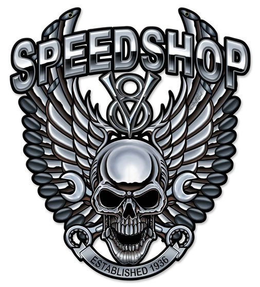 Sm584 18 X 20 In. Speedshop Wrench Pipe Skull Plasma Metal Sign