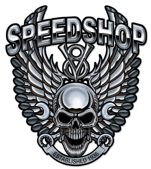 Sm585 24 X 27 In. Speedshop Wrench Pipe Skull Plasma Metal Sign